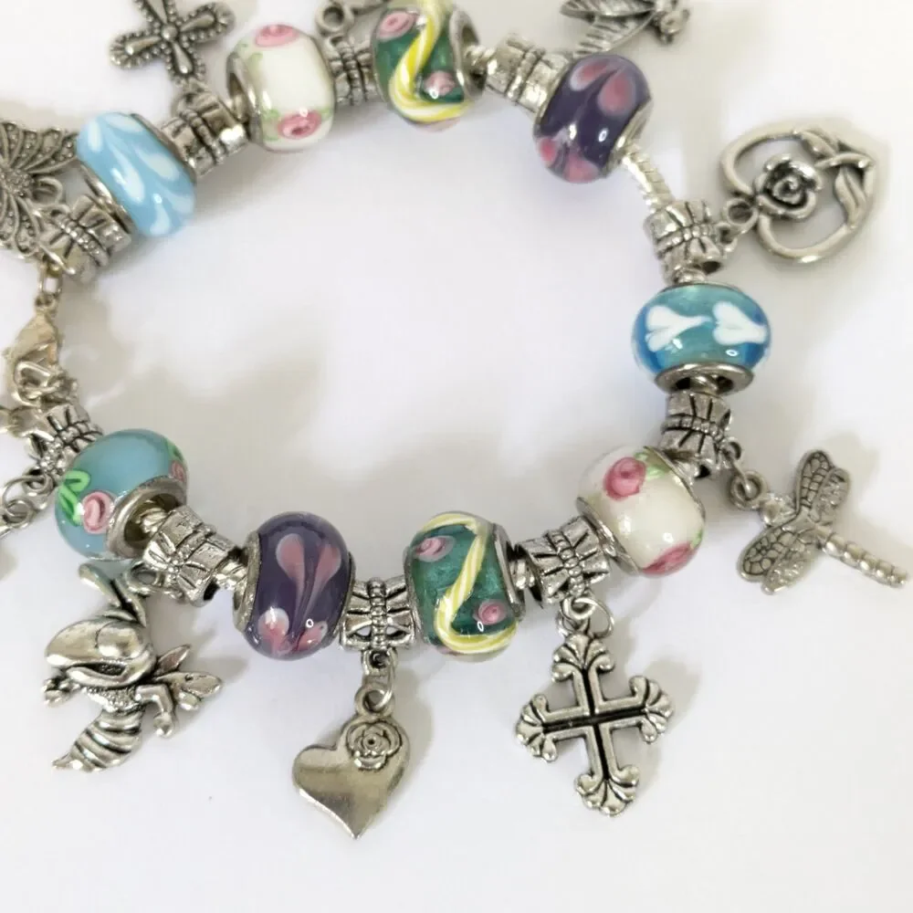 Murano Style Glass Bead Charm Slide Bracelet 6.5